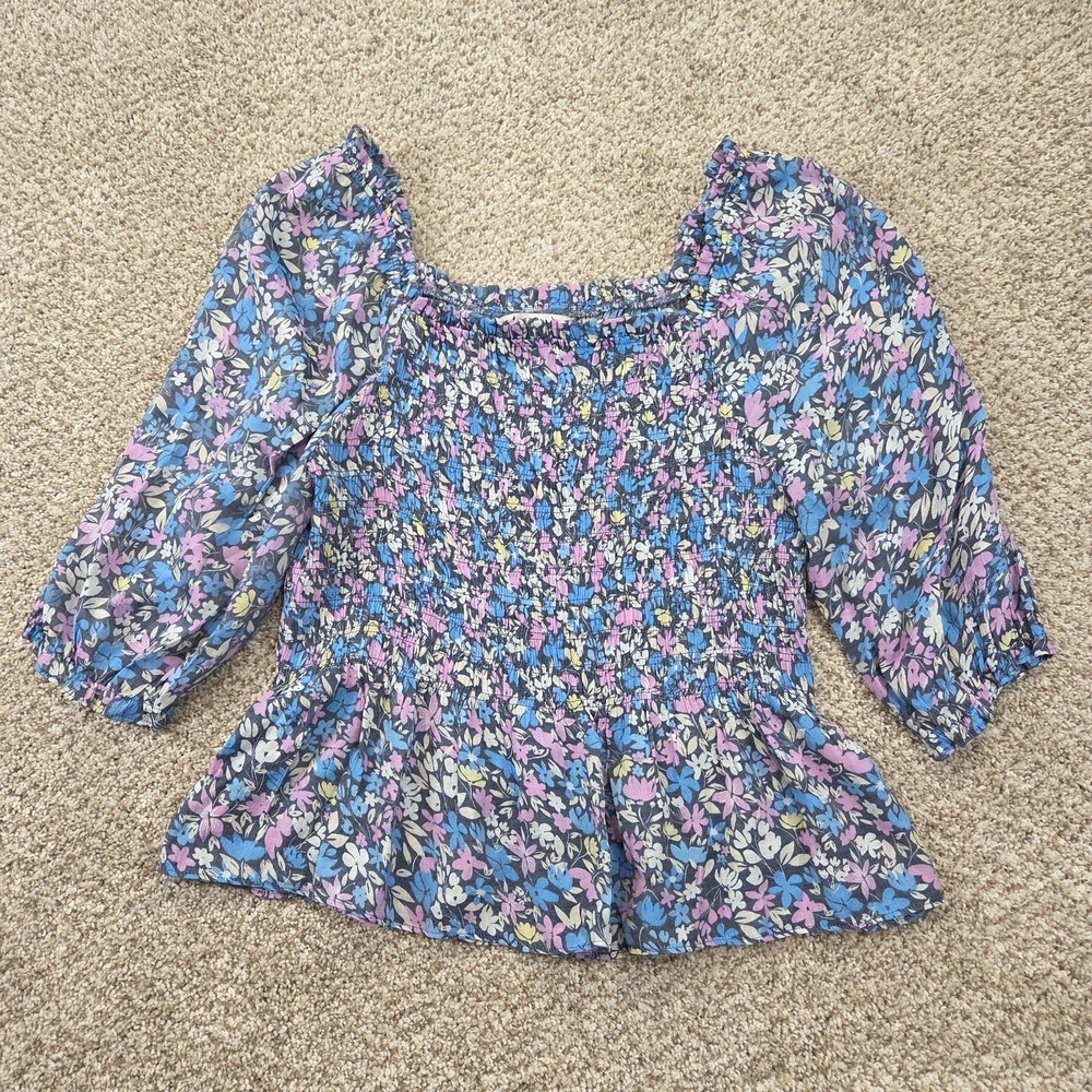 Nanette Lepore Blouse Top Womens S Blue Multi Floral Smocked Peasant Cocquette